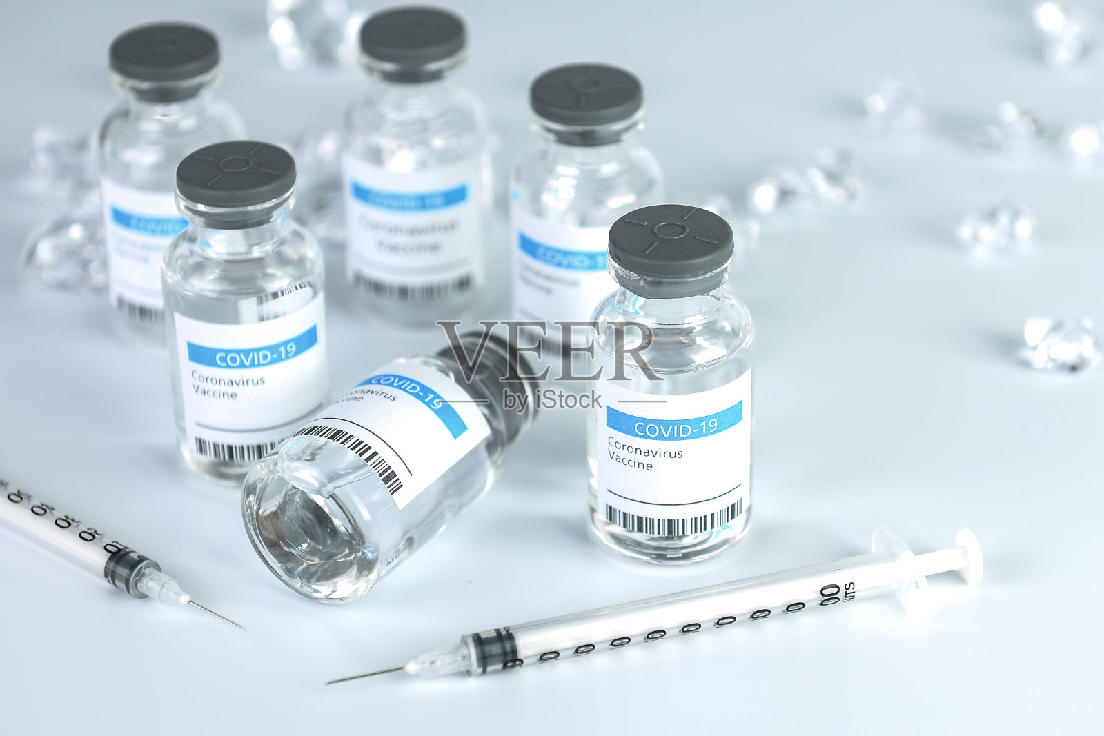 冠状病毒疫苗瓶冠状病毒Covid -19疫苗注射器。照片摄影图片