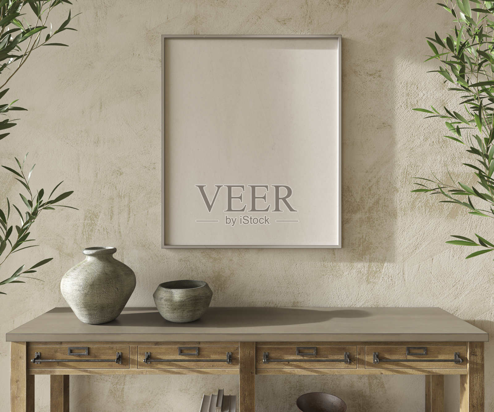 斯堪的纳维亚风格的橄榄树设计房间。模型框架在舒适的家庭内部背景。农舍风格的3d渲染插图。照片摄影图片