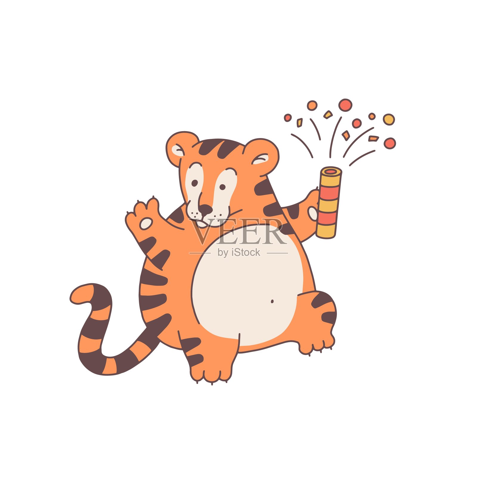 老虎放烟花卡通轮廓红色可爱的人物。向量孤立的插图。插画图片素材