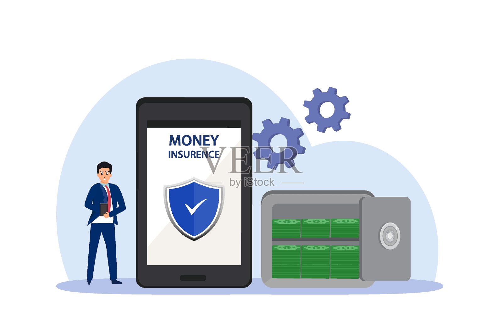 年轻人在手机上看金钱保险插画图片素材