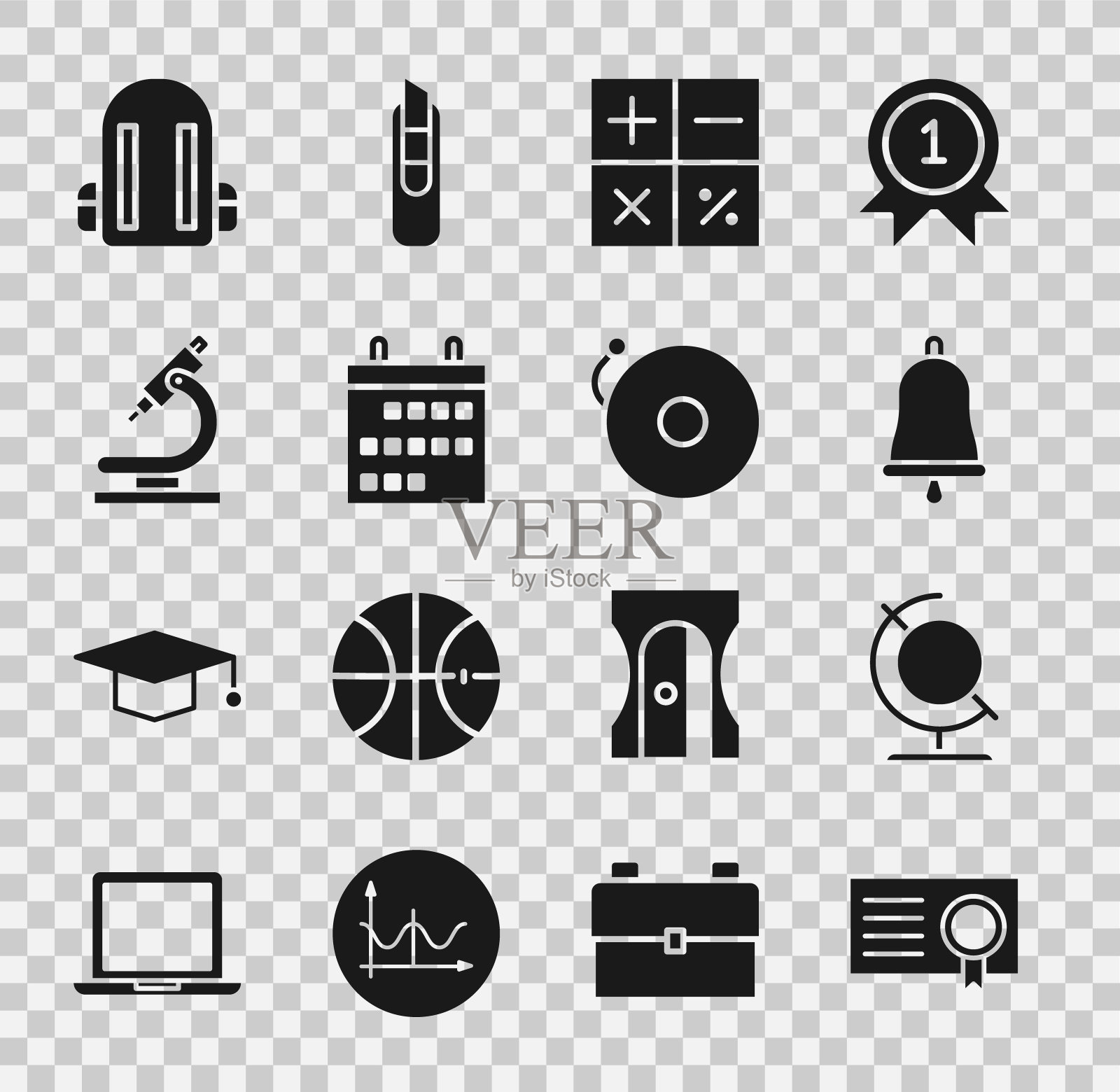 设置证书模板、地球仪、铃声、计算器、日历、显微镜、书包、闹钟图标。向量图标素材