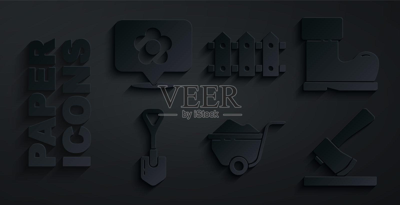 设置手推车与泥土，防水橡胶靴，铲子，木斧，花园栅栏木和位置花图标。向量图标素材