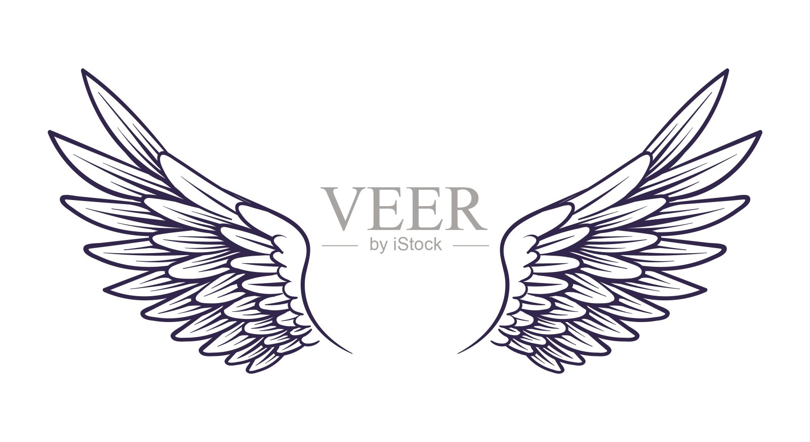 翼.天使翅膀与羽毛,标志元素,标签或纹身.模板轮廓古董