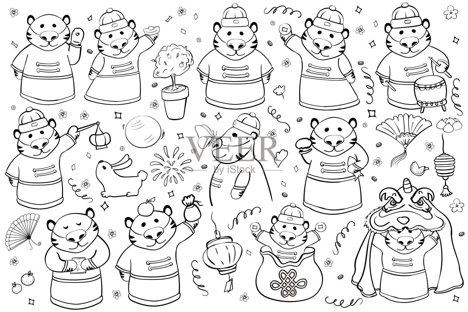 设置运气老虎与2022年新年着色页或书向量的符号插画图片素材