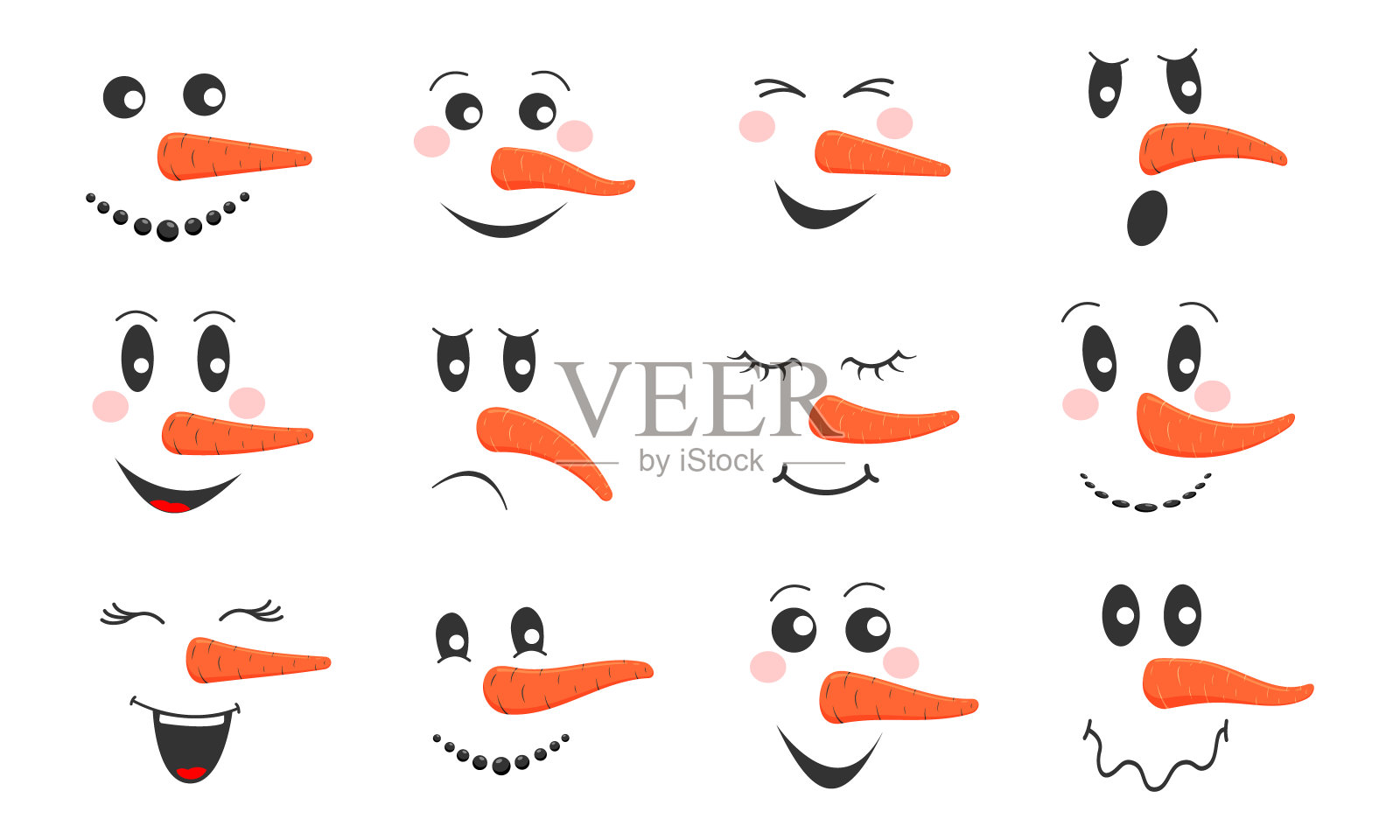 有趣的雪人脸。可爱的雪人头与不同的情绪和胡萝卜鼻子的集合。寒假设计插画图片素材