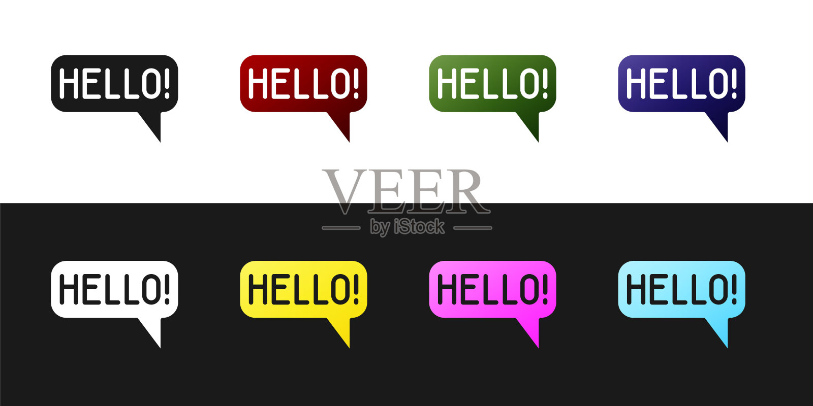 设置Hello在不同语言图标隔离在黑色和白色的背景。演讲泡沫。向量插画图片素材