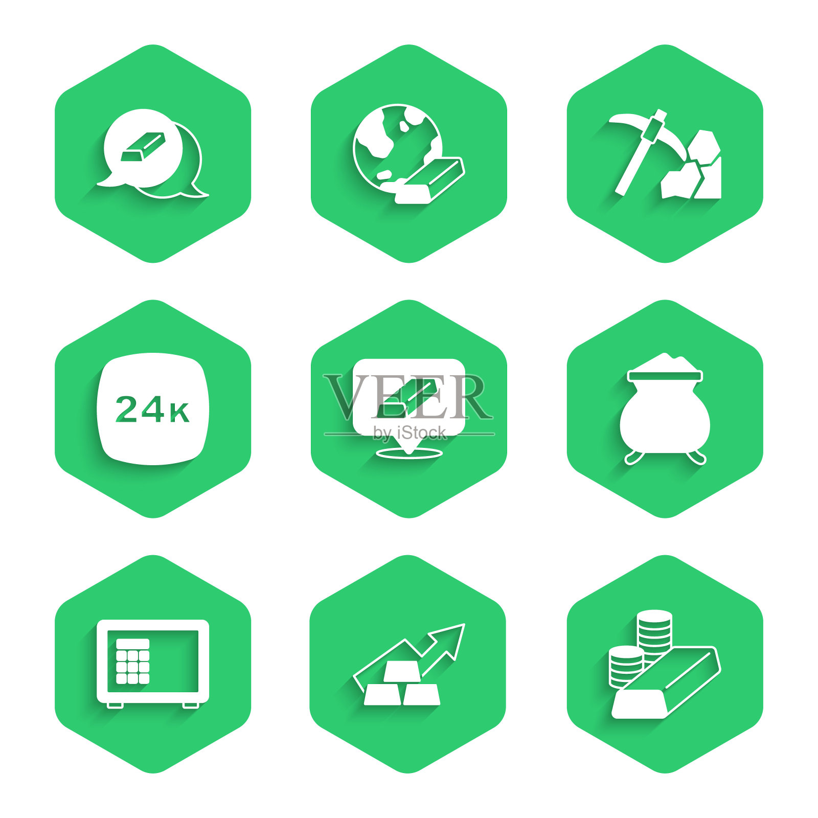 设置金条，成长箭与黄金，硬币，熔融被倾倒，安全，24k，采矿和图标。向量图标素材