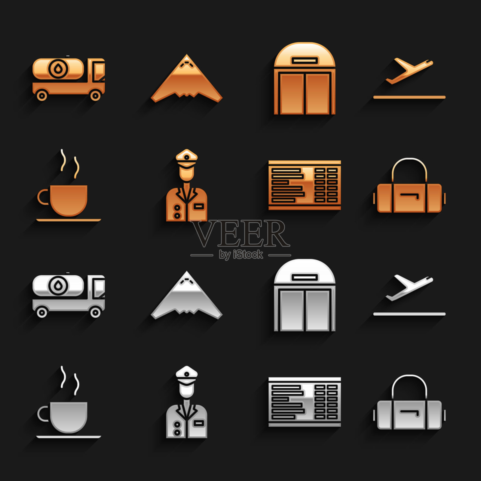 设置飞行员，飞机起飞，手提箱，机场板，咖啡杯，飞机机库，加油机卡车和喷气式战斗机图标。向量图标素材