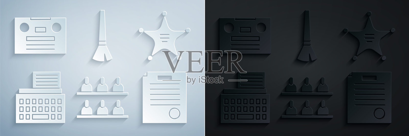 设置陪审员，六芒星警长，复古打字机，逮捕令，油漆刷和磁带图标。向量插画图片素材