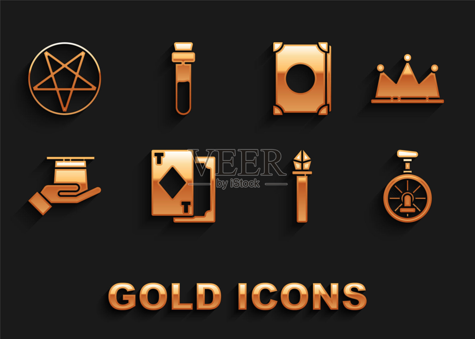 集扑克牌，皇冠，独轮车或一个轮子的自行车，魔术的工作人员，魔术师的帽子手，古老的魔术书，五角星圈和瓶子与爱情药水图标。向量图标素材