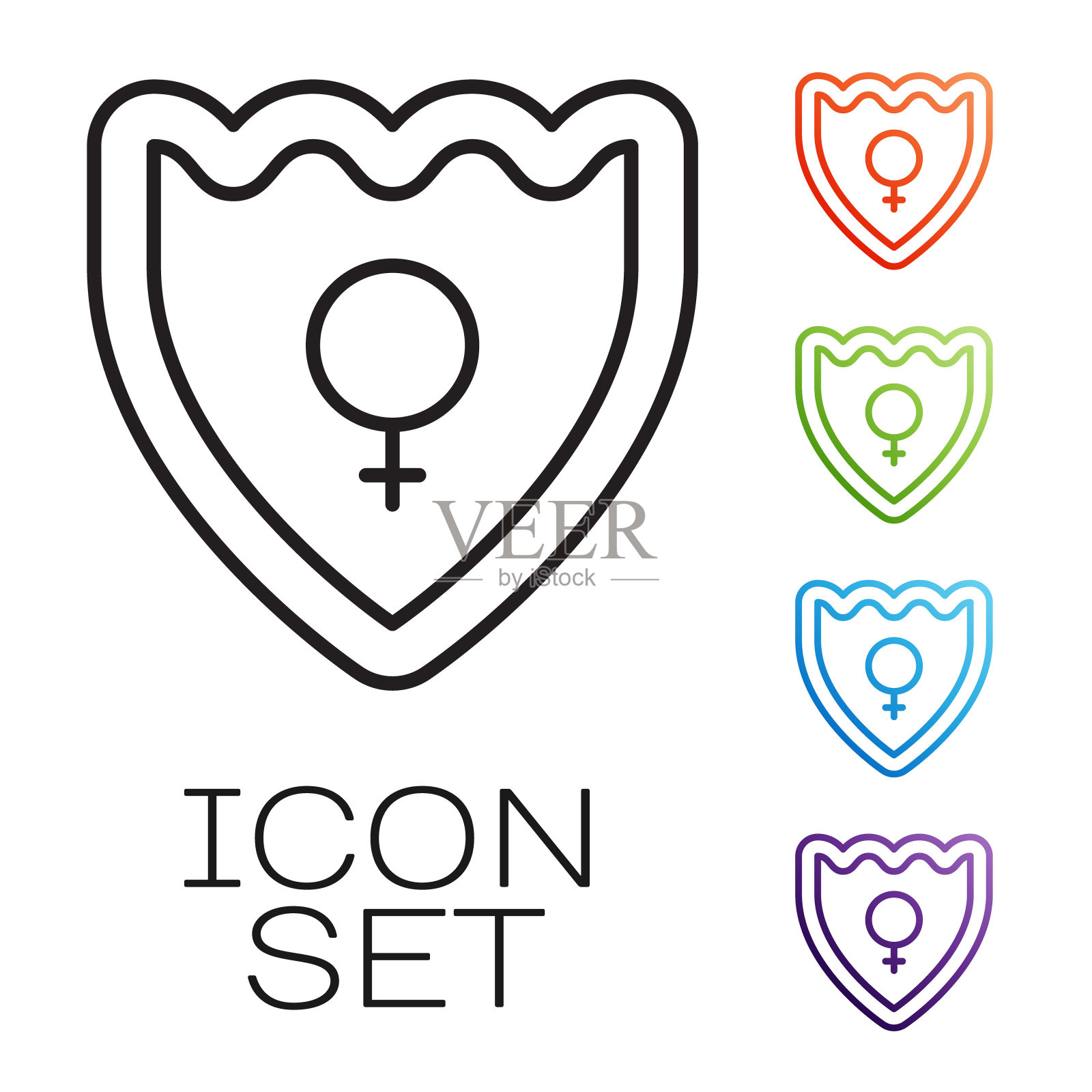 黑线性别屏蔽，女性图标隔离在白色背景上。设置图标丰富多彩。向量图标素材