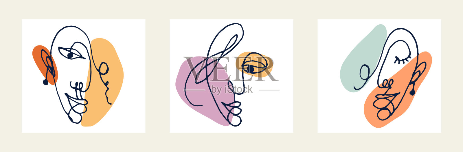 抽象的女人脸矢量艺术品集，现代时尚的女人肖像艺术，手绘超现实的美，最小的艺术设计，绘制在人的头部。插画图片素材