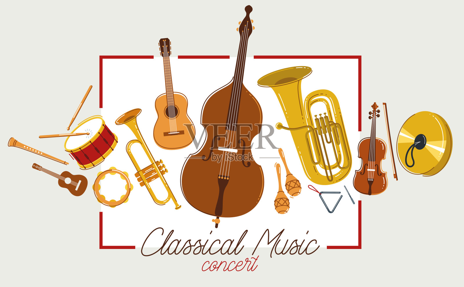 古典音乐乐器海报向量平面风格插图，古典管弦乐队声学传单或旗帜，音乐会或节日现场声音，音乐工具的多样性。插画图片素材
