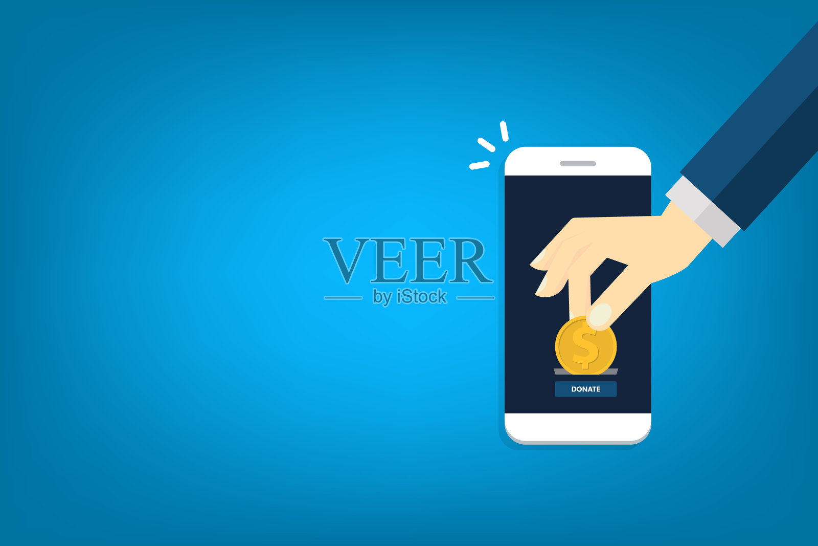 在线捐赠的概念。智能手机和人的手与金币和捐赠按钮的屏幕。插画图片素材