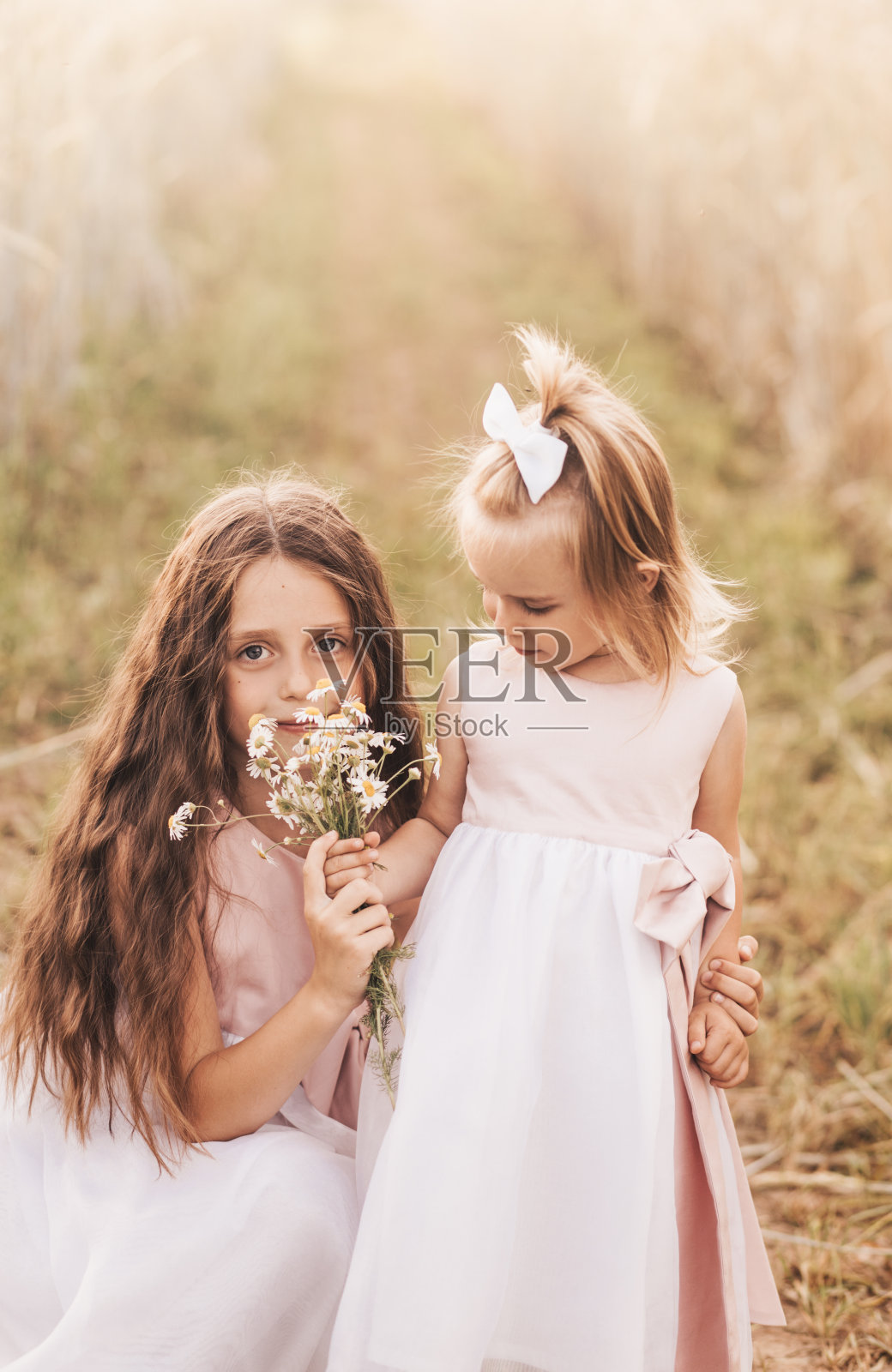 两个小女孩在夏天拥抱在一起采花照片摄影图片