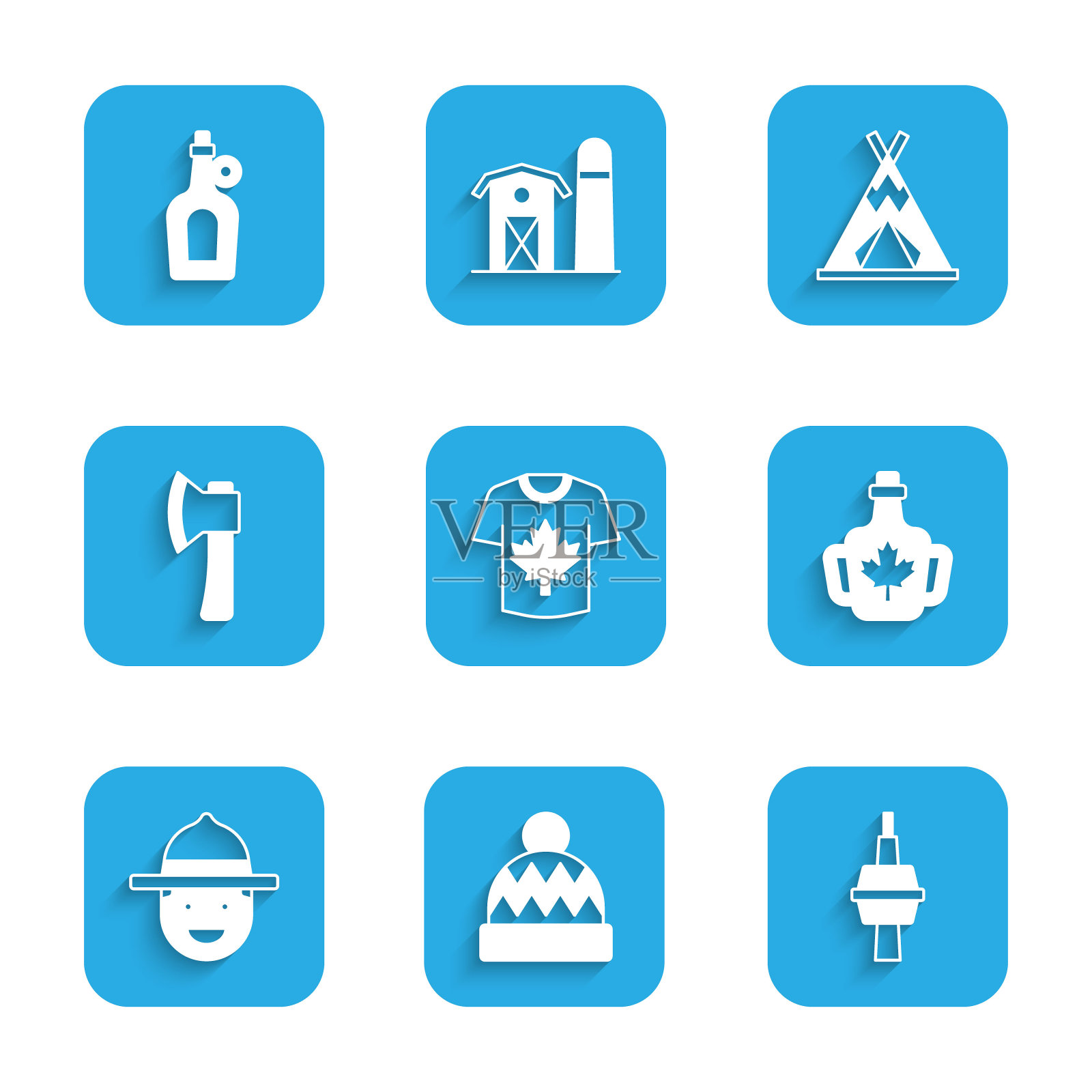 曲棍球运动衫，豆豆帽，多伦多电视塔，枫糖浆瓶，加拿大护林员，木斧，印第安人帐篷和图标。向量图标素材