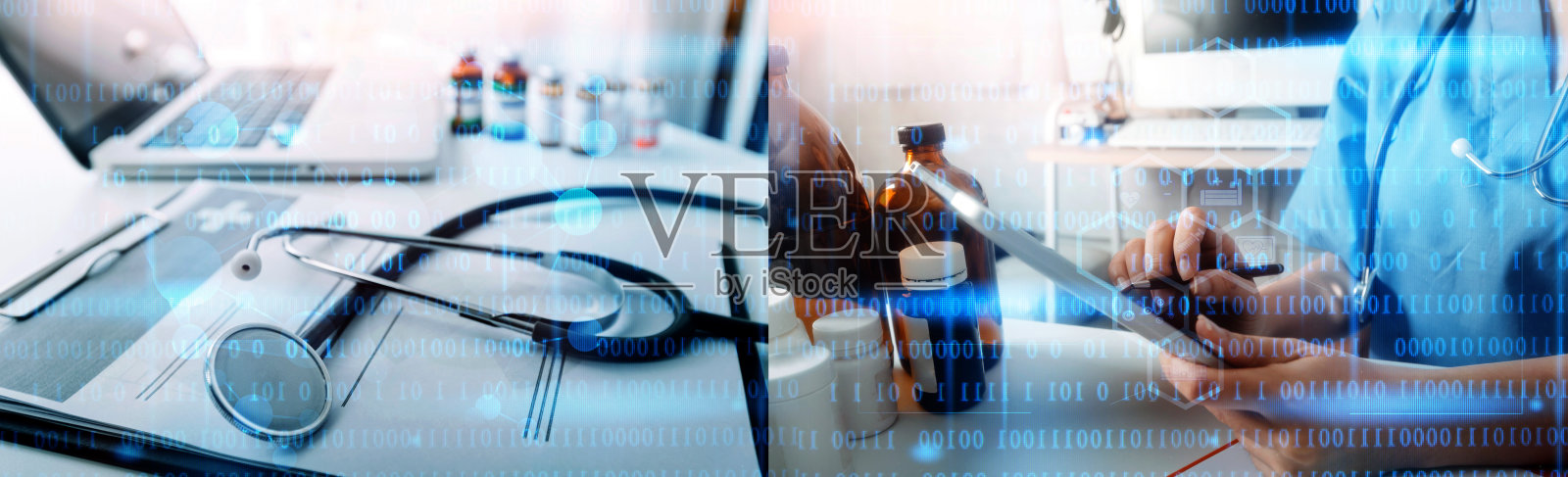 虚拟医院、远程医疗、在线医疗、智能健康、医疗技术发展理念。医生使用数字平板电脑连接病人和虚拟屏幕上的健康护理图标照片摄影图片