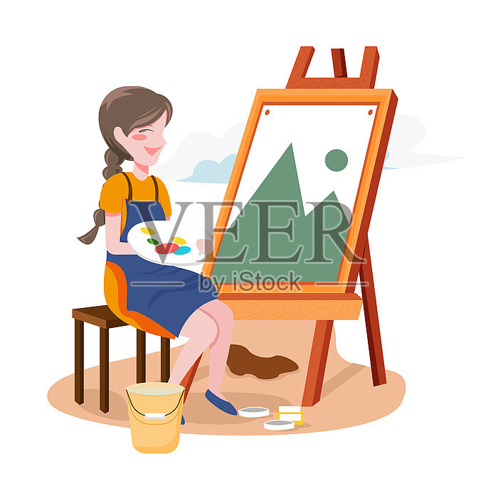 元素小女孩在画画插画设计元素图片