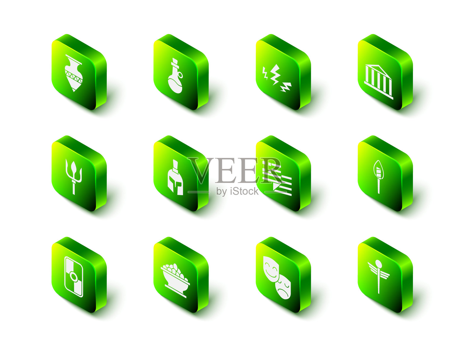 Set Bottle of olive oil, Zeus, Parthenon, Torch flame, Caduceus snake medical，希腊国旗，Comedy and tragedy masks and olive in bowl icon。向量图标素材