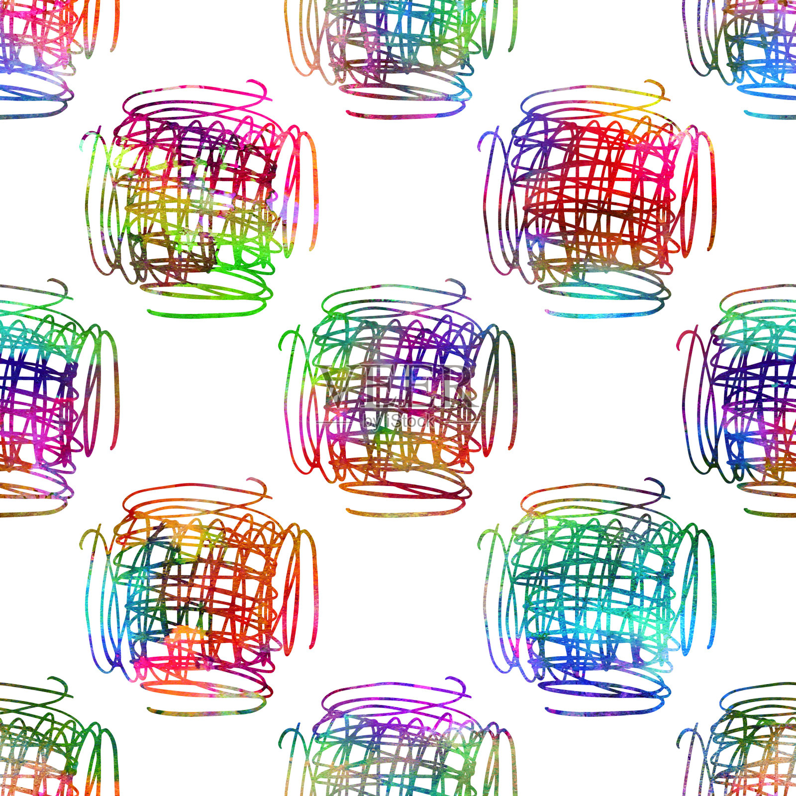 笔刷笔触几何Grung模式无缝彩虹颜色背景。粘胶拼贴水彩纹理青少年和学校的孩子织物印花格兰其设计插画图片素材