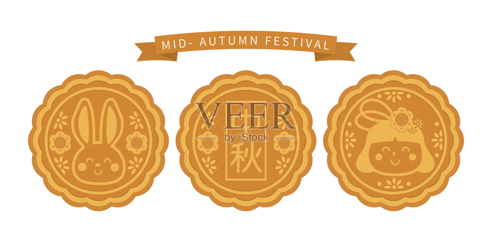 中秋快乐，中秋贺卡上有可爱的兔子，蛋糕和月亮。动物卡通人物矢量。中秋节快乐。设计模板素材