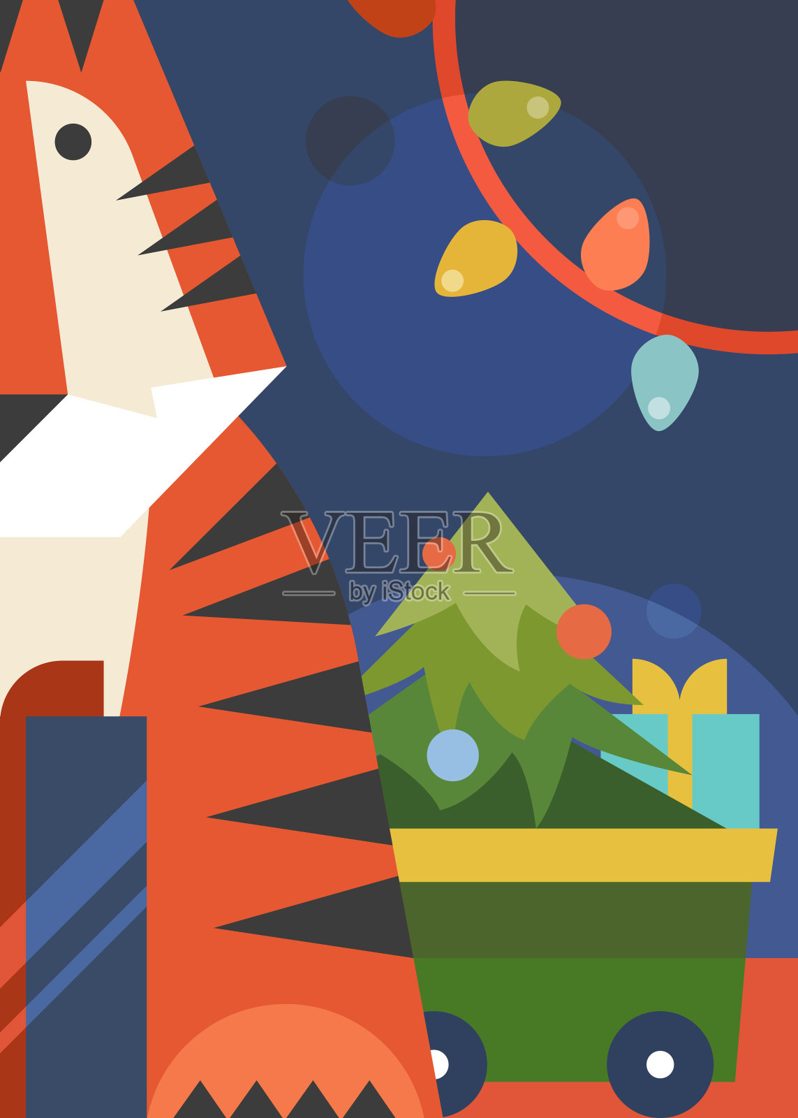 海报上有老虎，圣诞树和花环。插画图片素材