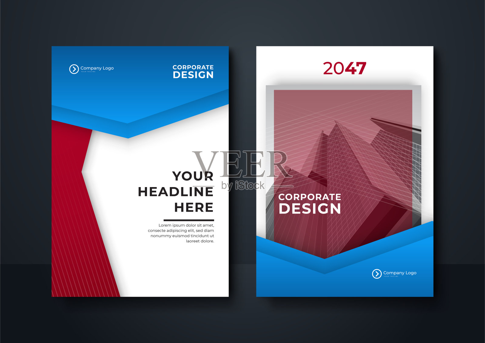 小册子封面设计模板与现代波浪几何图形。红色和蓝色几何背景海报宣传册传单设计布局矢量模板A4大小设计模板素材