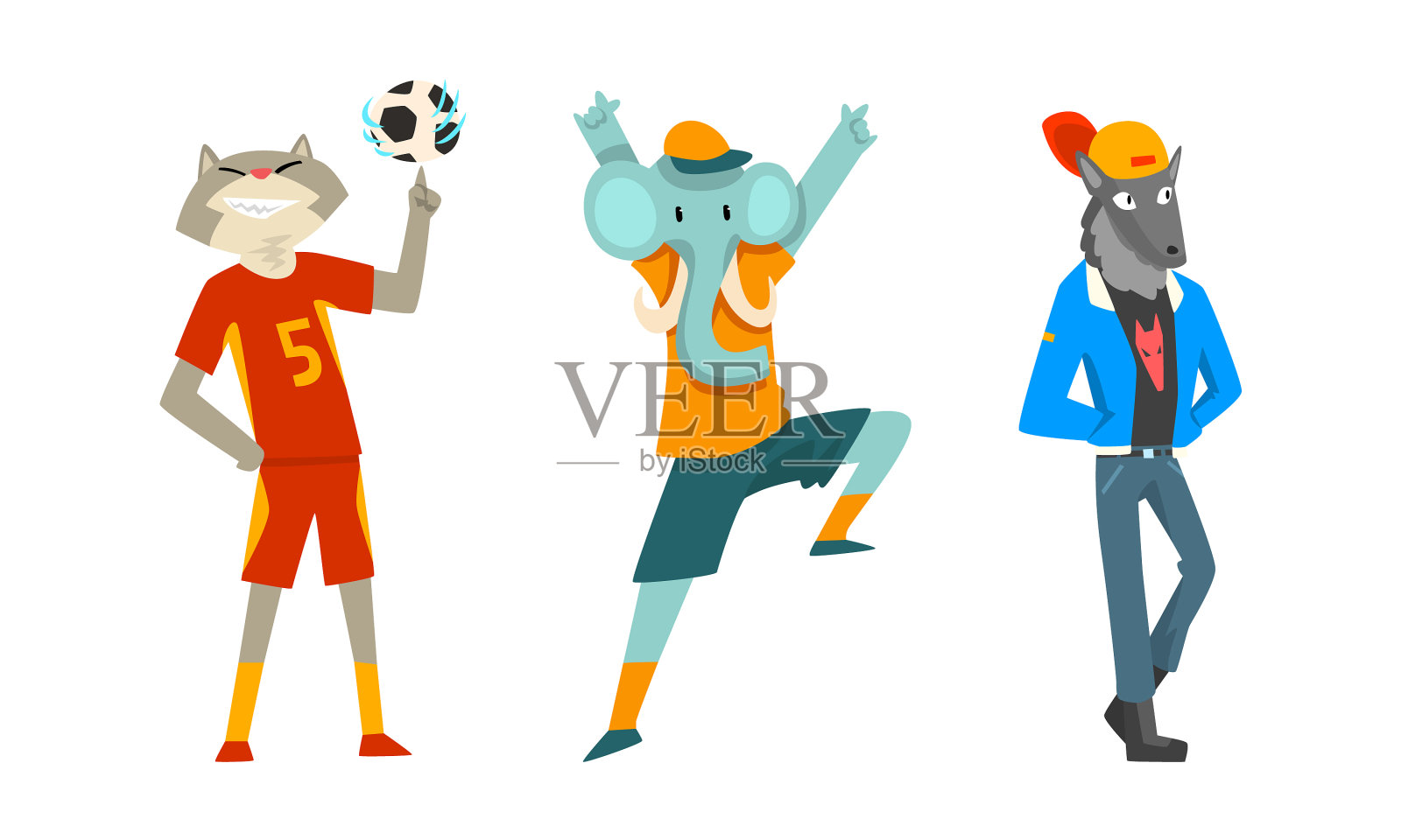 动物角色穿着人的衣服玩耍插画图片素材