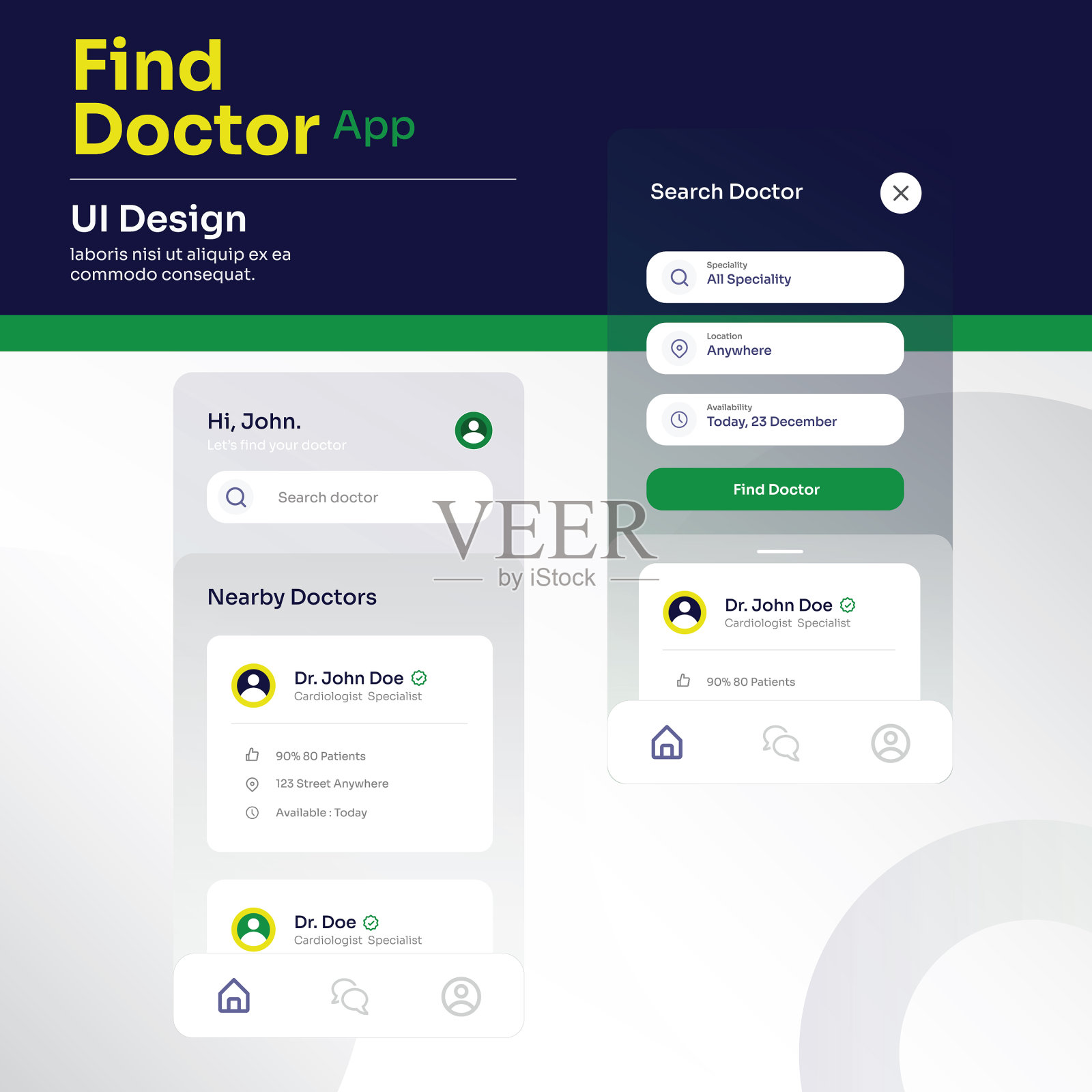 寻找带有玻璃效果屏幕的医生app UI设计设计模板素材