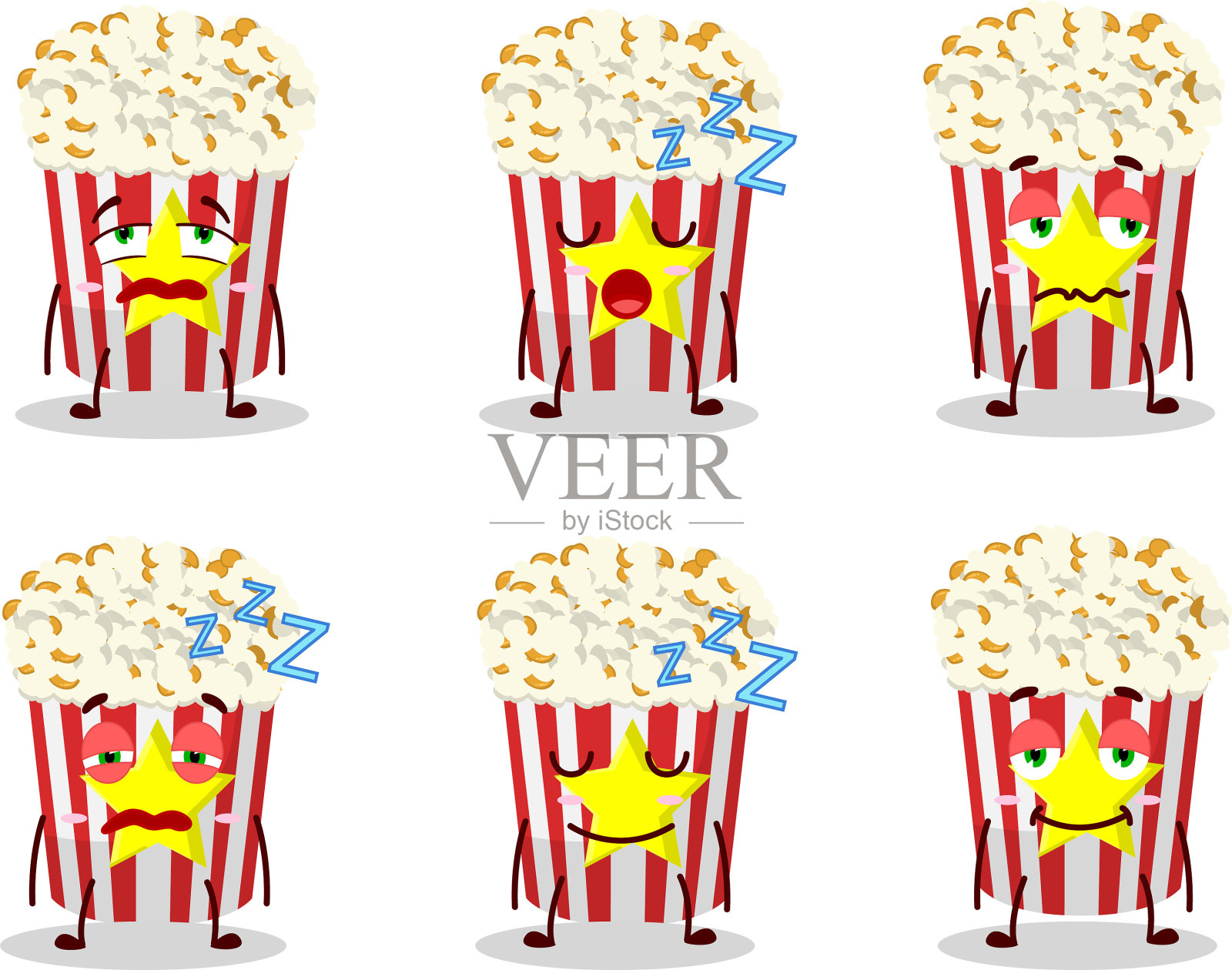 卡通人物带着昏昏欲睡的表情爆玉米插画图片素材