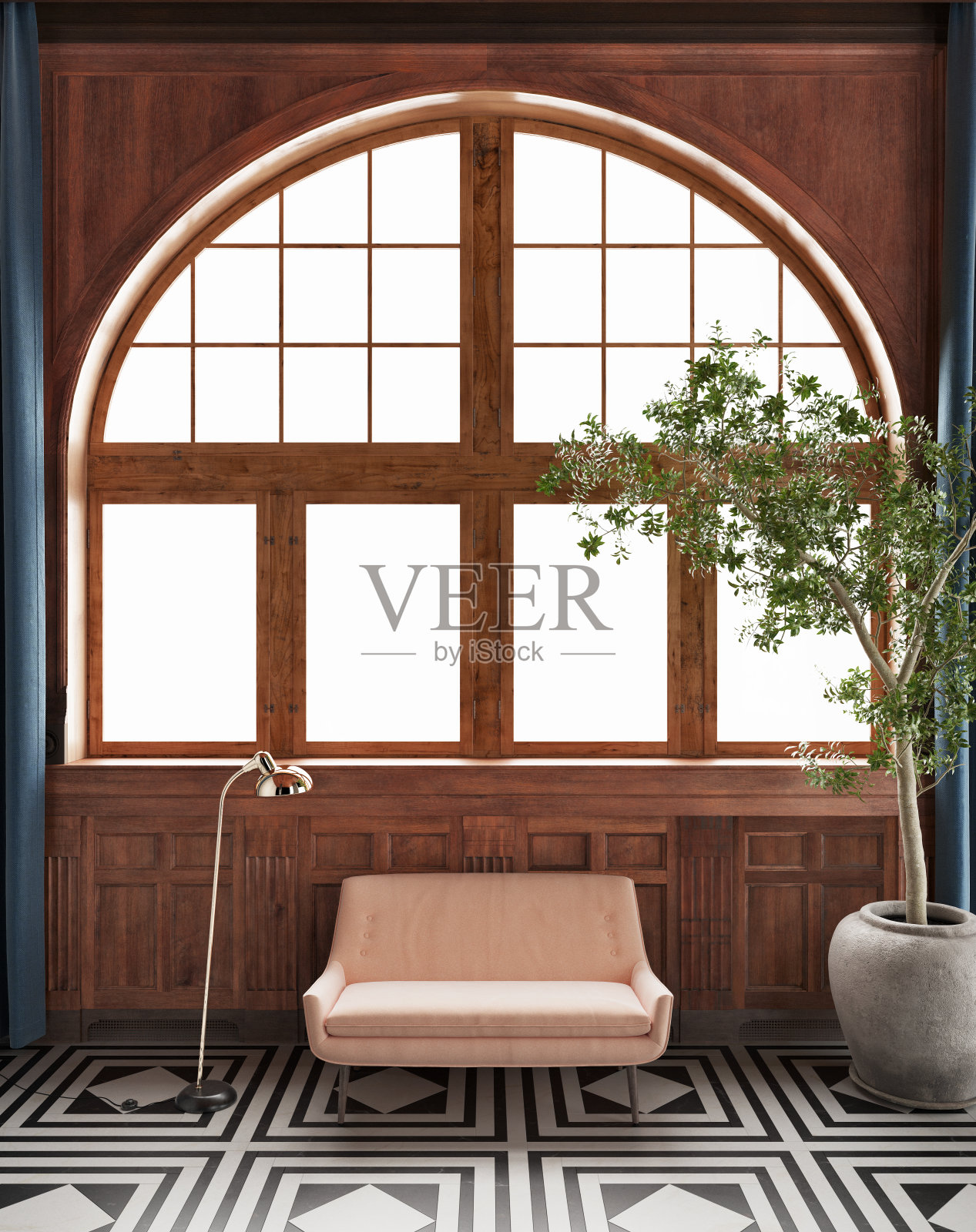 阳光明亮的木制经典休息室内部与大拱形窗户，舒适的粉红色沙发与垫子在中间。三维渲染照片摄影图片