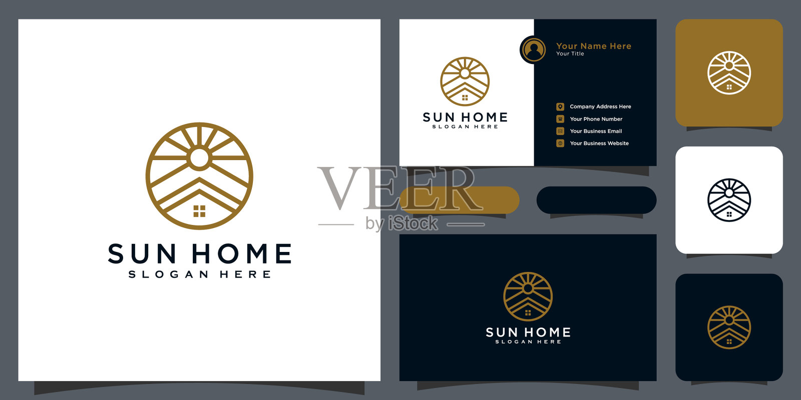 极简线条抽象的家与阳光标志插画图片素材