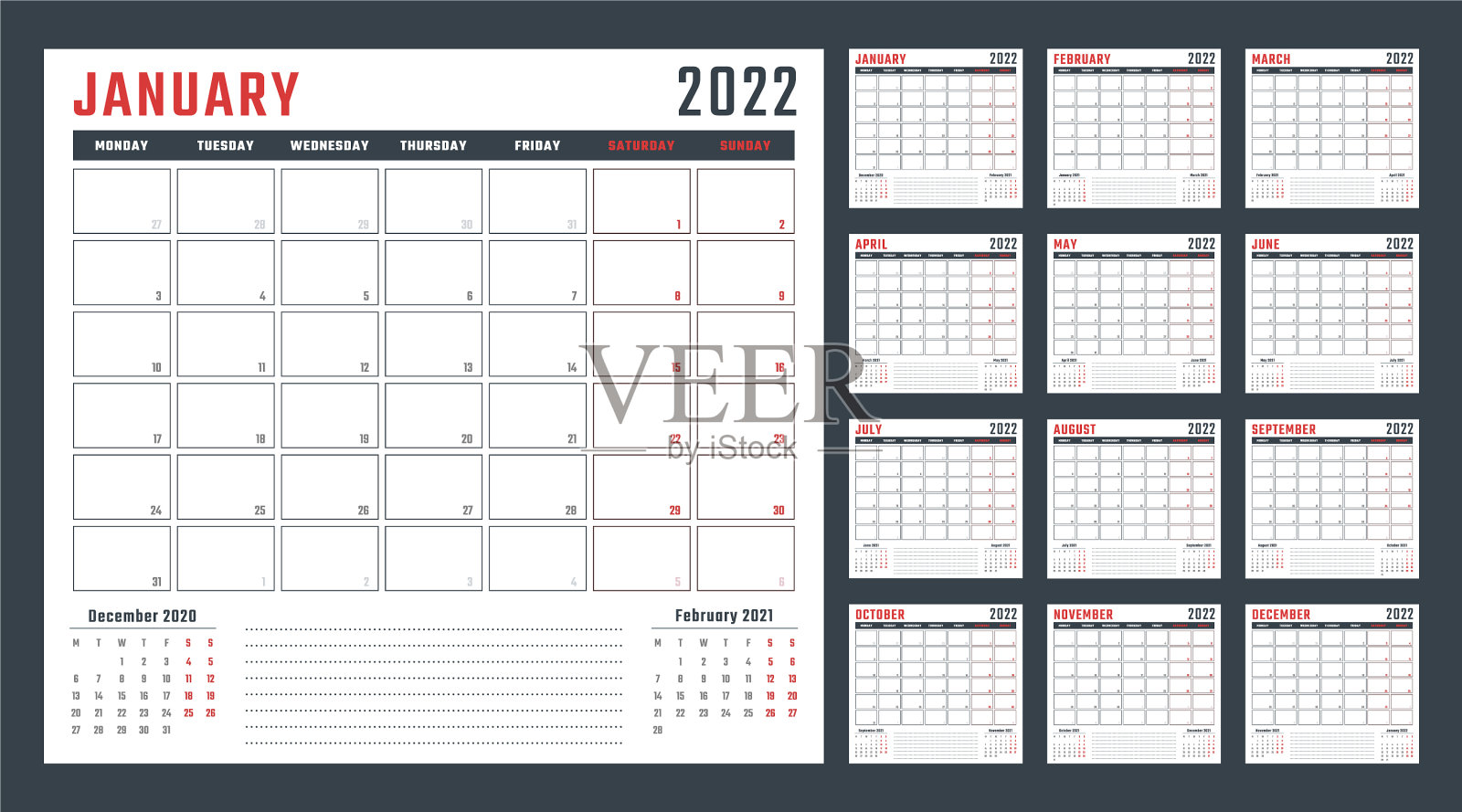 2022年的日历从周一开始设计模板素材