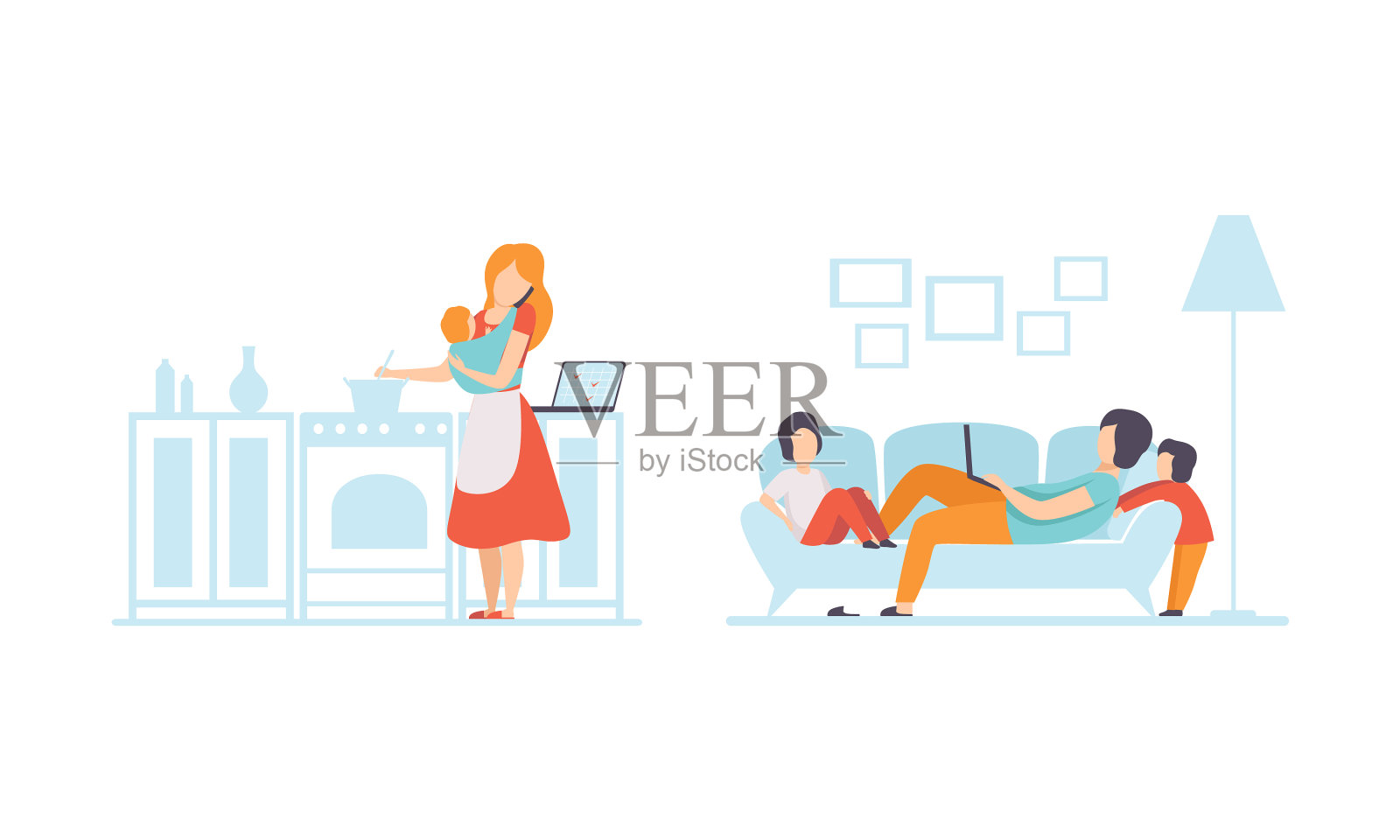 男人和女人在家工作和护理插画图片素材