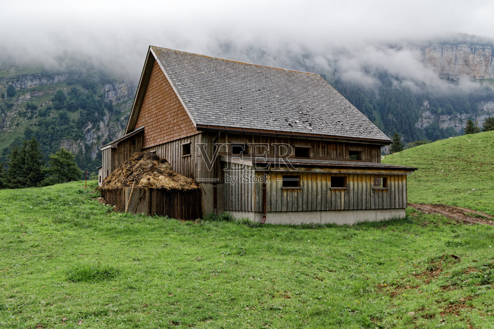 瑞士山的马厩在春天绿油油的草地上，屋前有一大堆肥料，肥料很适合耕种，这个房子特别适合摄影照片摄影图片