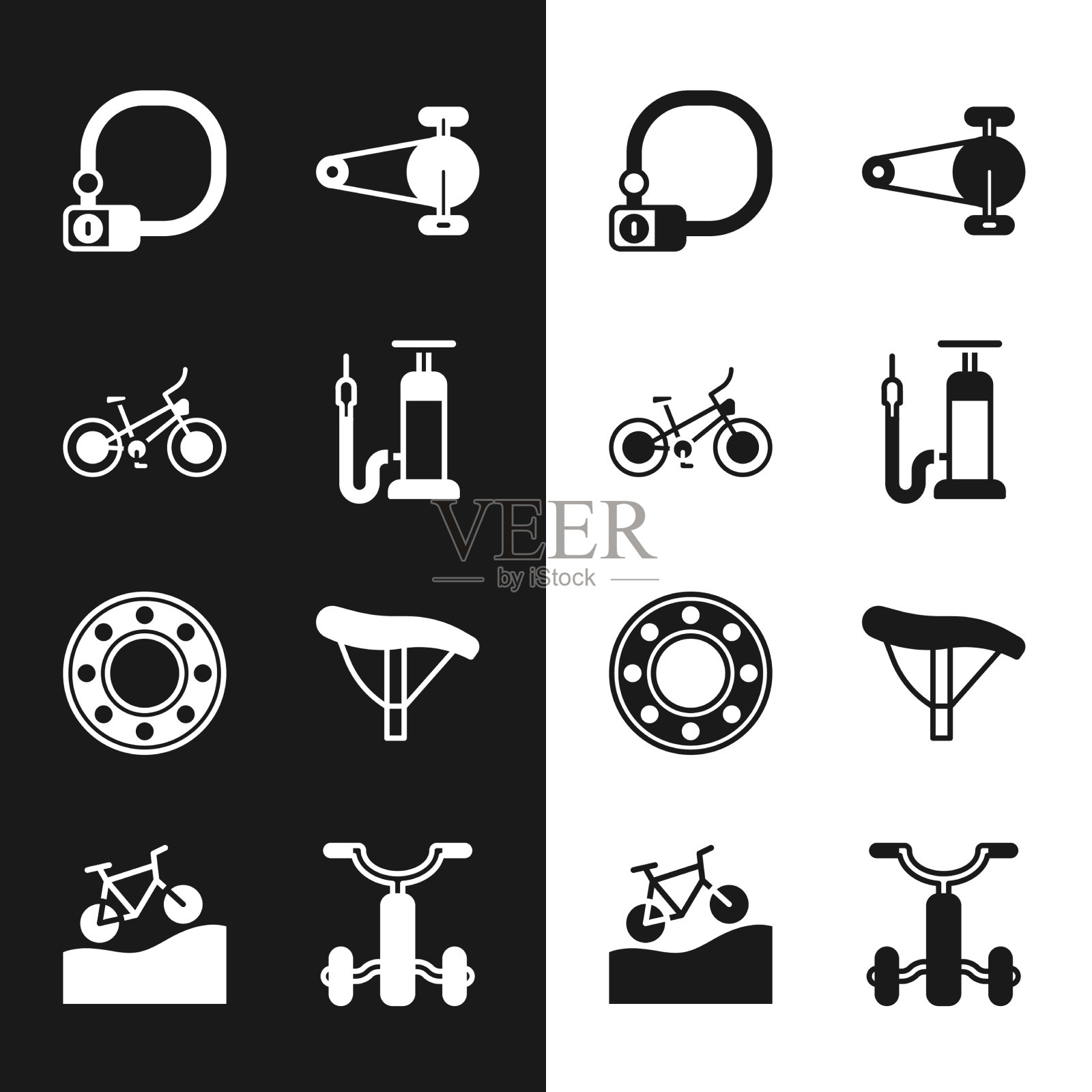 设置自行车气泵锁链与齿轮球图标素材