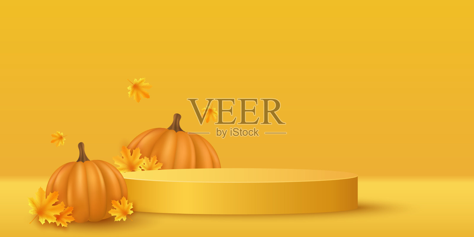 秋天的讲台与现实的3d南瓜和枫树插画图片素材