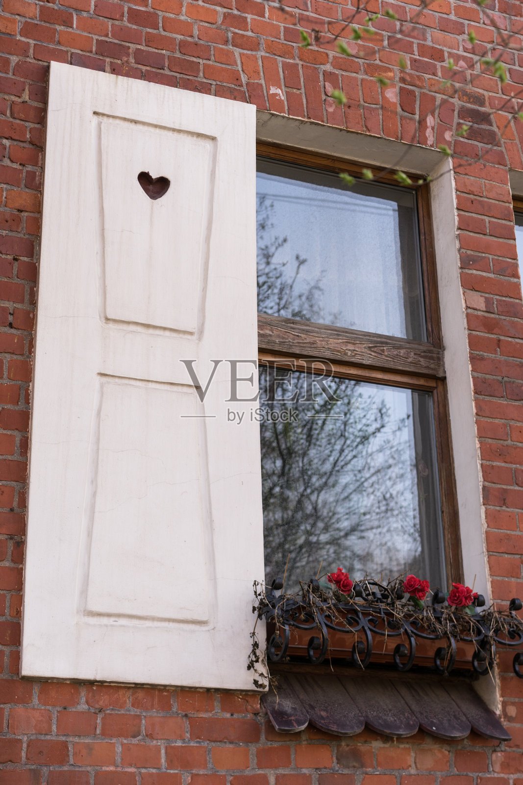 法国乡村的石屋古老的木窗和盛开的玫瑰丛照片摄影图片