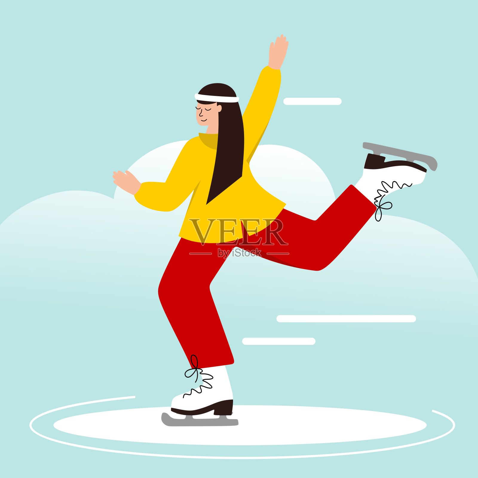一个女孩在冰上滑冰。圣诞节和新年的概念。矢量插图。插画图片素材