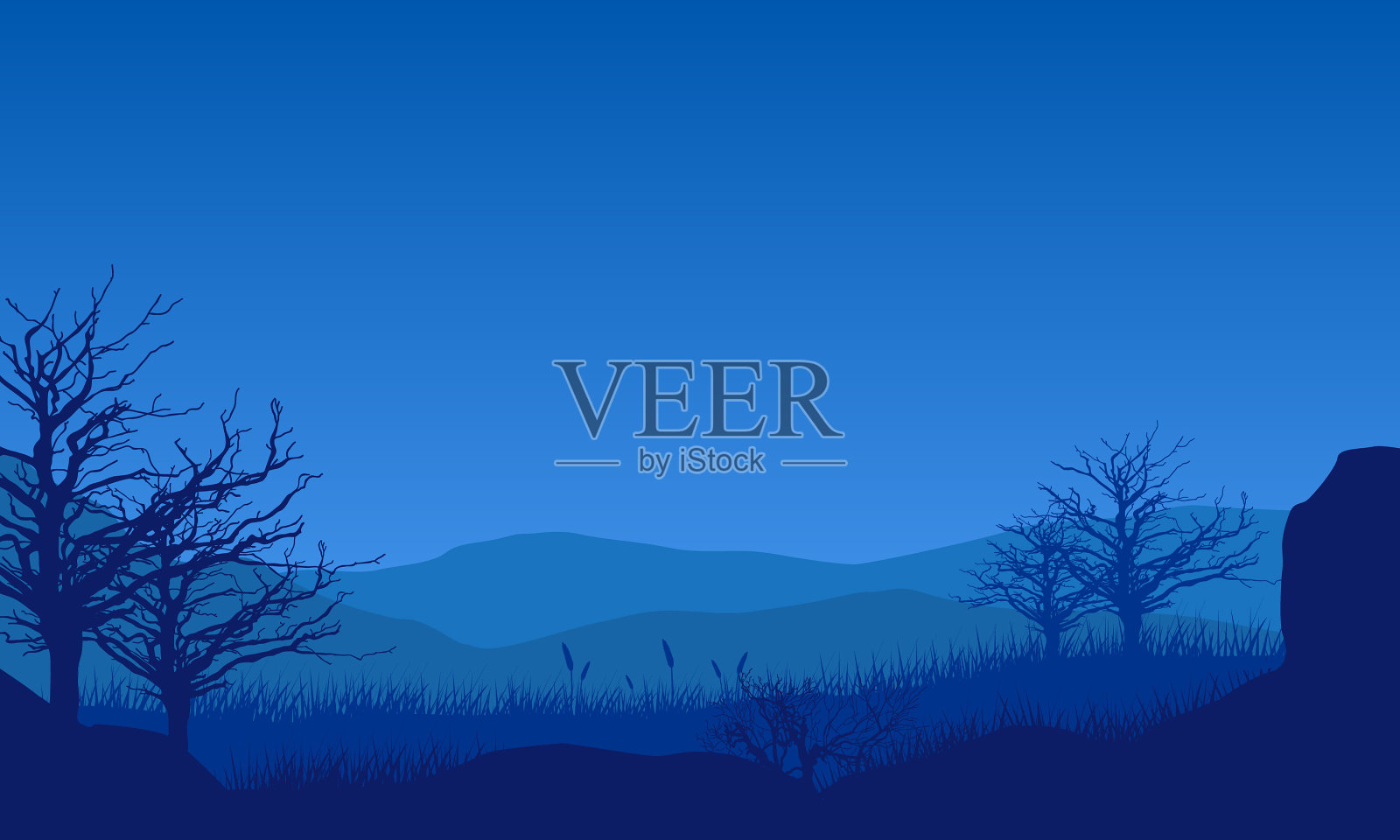 山景和美丽的枯树剪影插画图片素材