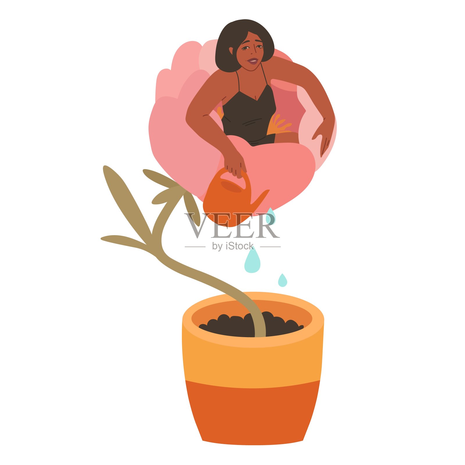 一个女人给一朵象征着她成长的花浇水。自我照顾，任何目的的伟大设计。卫生保健的概念。设计元素图片