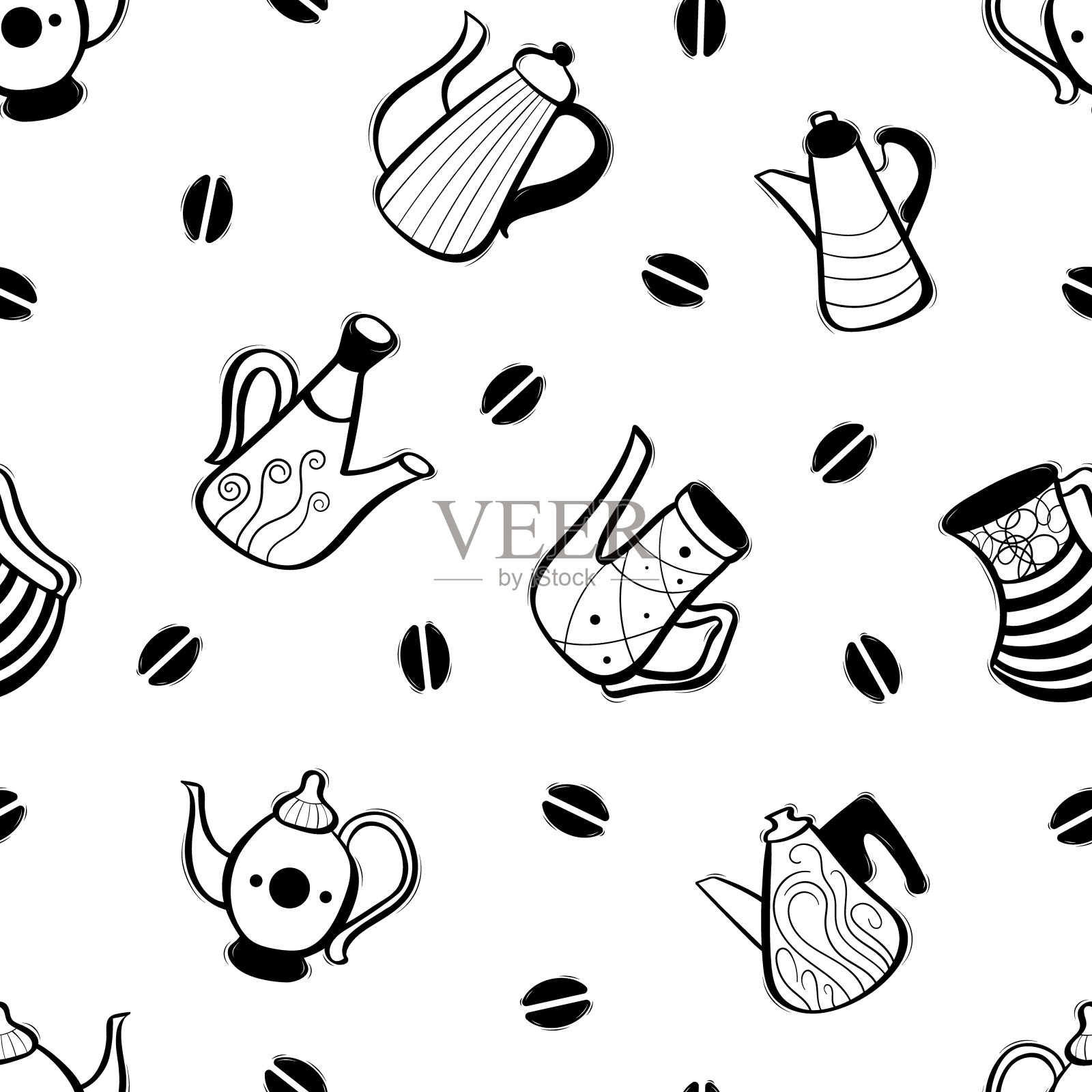 无缝模式与手绘咖啡壶插画图片素材