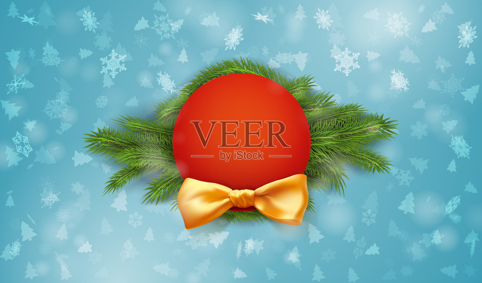 矢量设计模板与针叶树的树枝和地方的文字。蓝色的背景上，一片一片的雪花插画图片素材