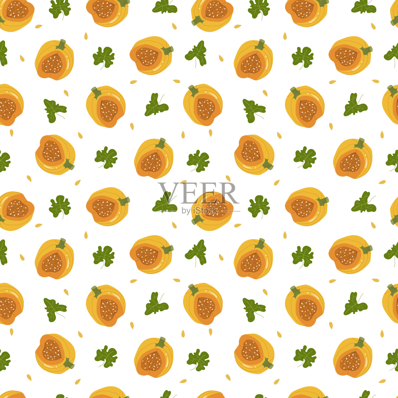 秋天的南瓜与绿叶无缝的图案。矢量手绘插画图片素材