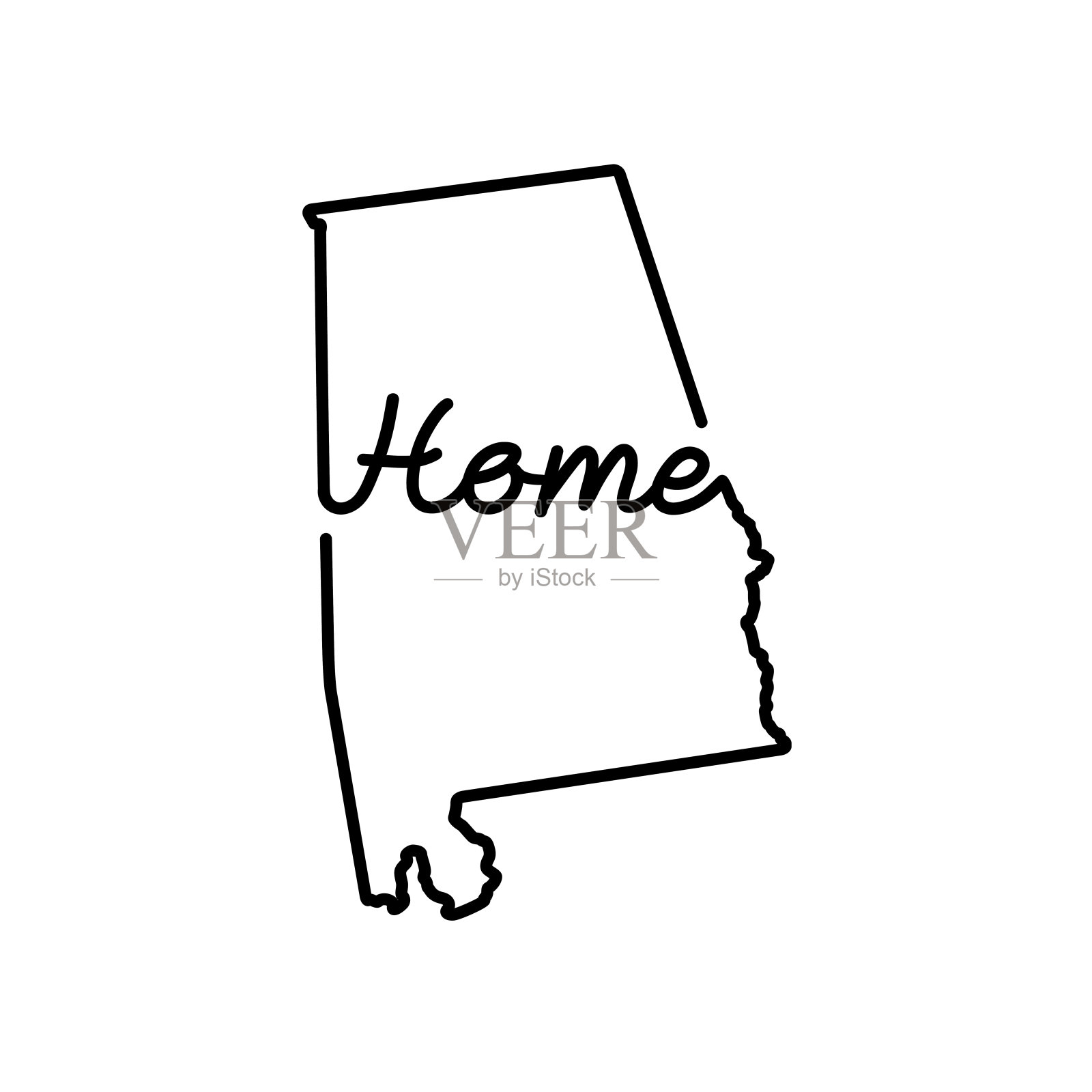 美国阿拉巴马州的轮廓地图与手写的HOME字。连续线画爱国家园的标志插画图片素材