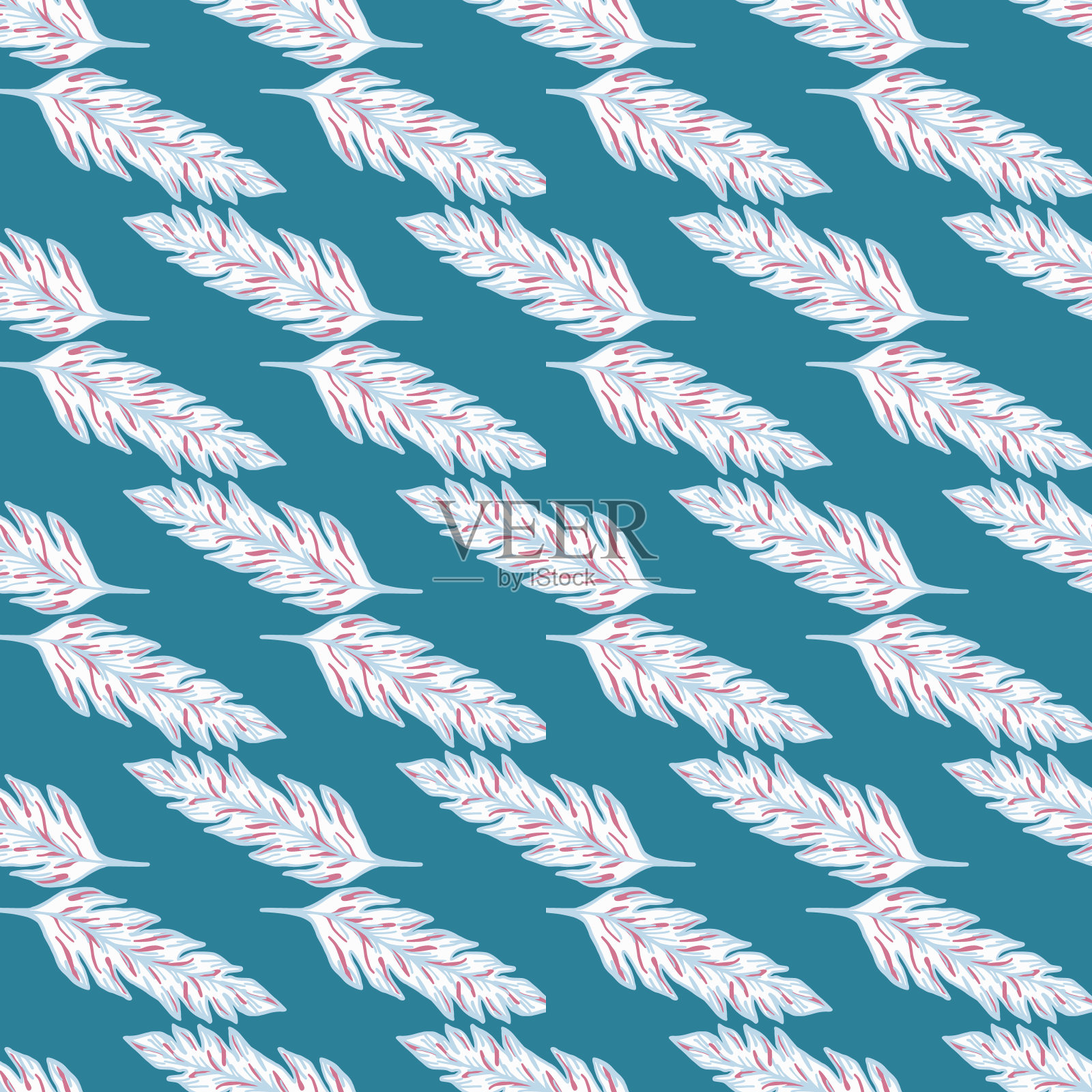 抽象手绘树叶无缝模式在蓝色背景。创造性的花卉壁纸。插画图片素材