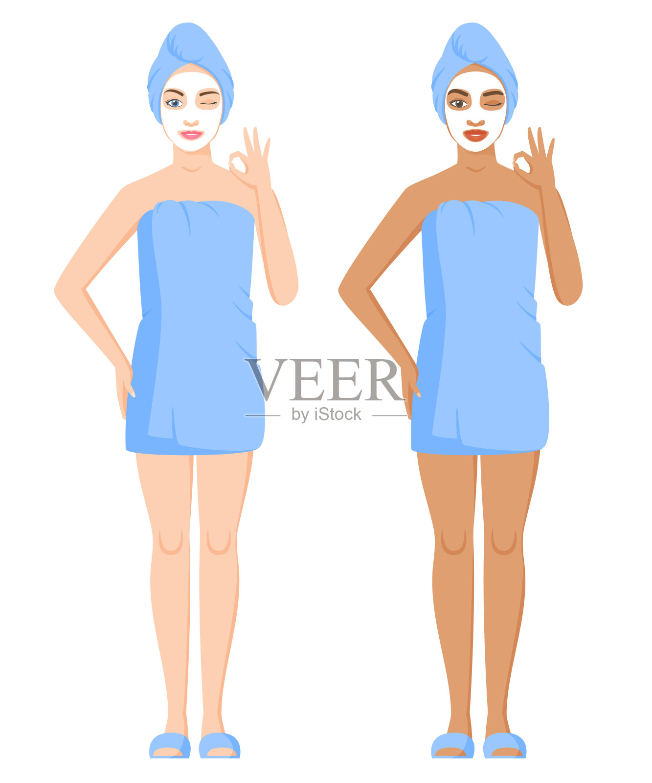 白人和黑人妇女在沐浴或淋浴后裹在毛巾里。女性使用化妆泥或面膜。在家做护肤和水疗。向女人眨眼，示意ok的手势。向量插画图片素材