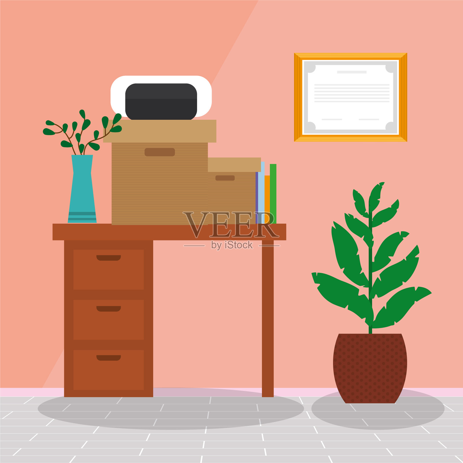 桌子和打印机插画图片素材