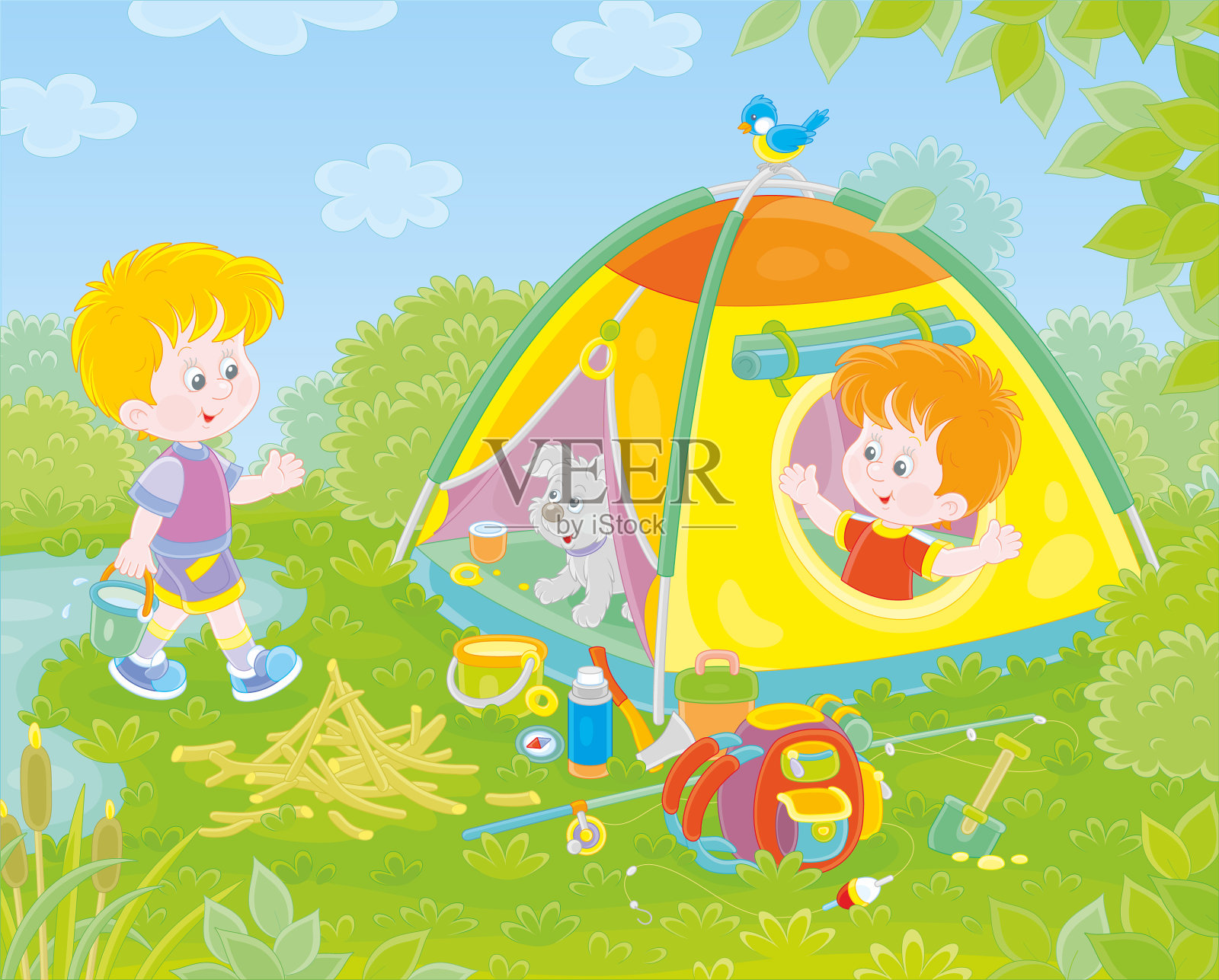 夏令营里小男孩和小狗在一起插画图片素材