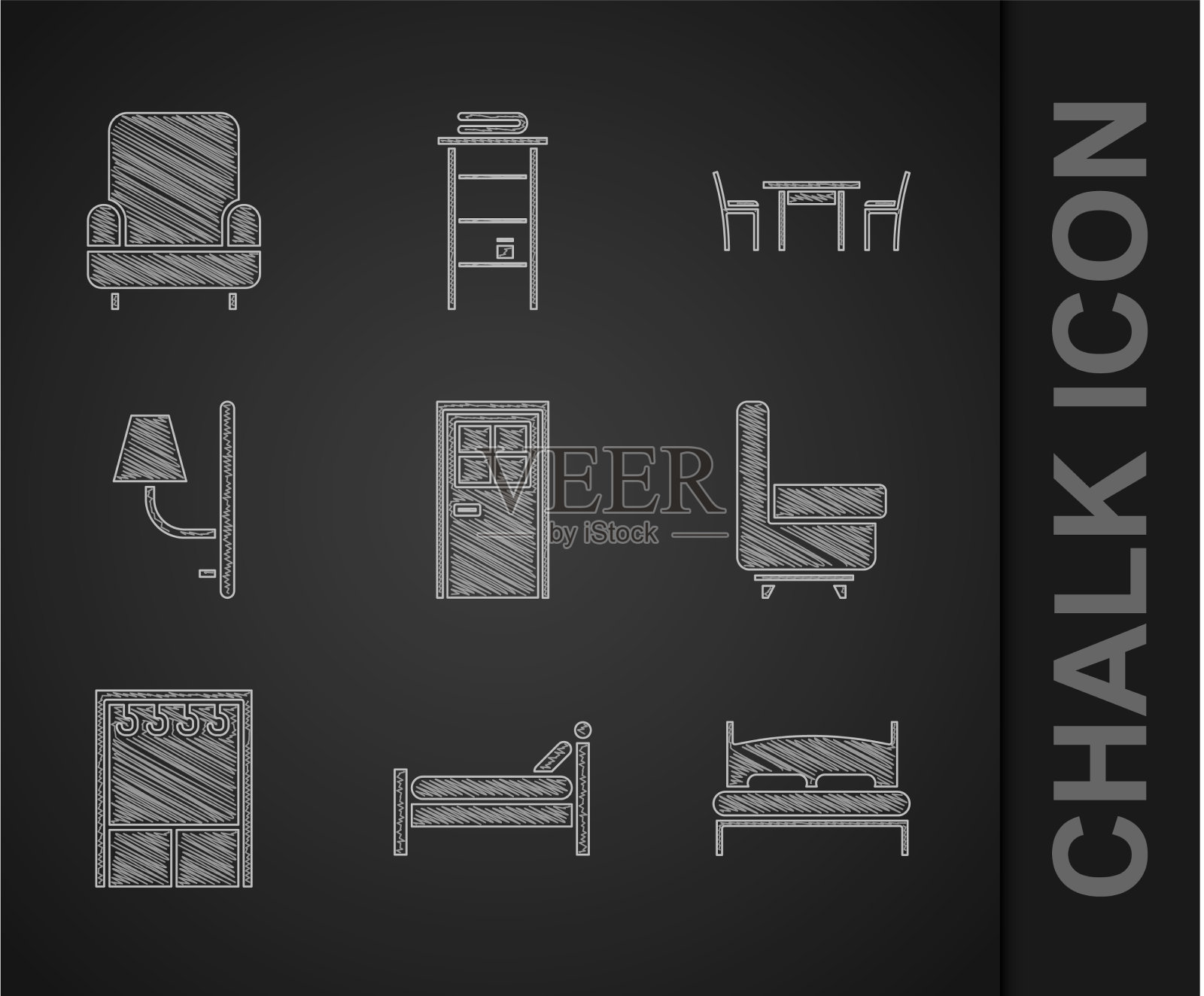 设置闭门床，大床，扶手椅衣柜图标素材